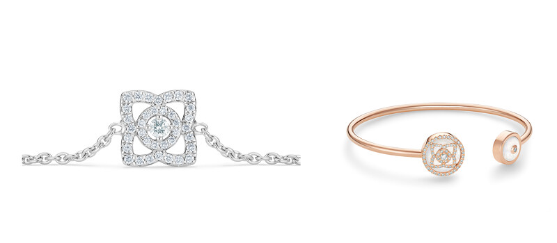 優雅實戴的手鍊與手鐲，也是情人節送禮不易出錯又能送到心坎的選擇。De Beers Enchanted Lotus 18K白金鑽石手鍊_NT65,000、De Beers Enchanted Lotus 18K玫瑰金白色珍珠貝母鑽石手鐲_NT184,000