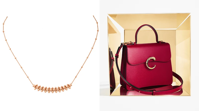 Clash de Cartier玫瑰金項鍊，參考價格約NT$77,000起、Panthere de Cartier手提包牛皮，迷你款，參考價格約NT85,500