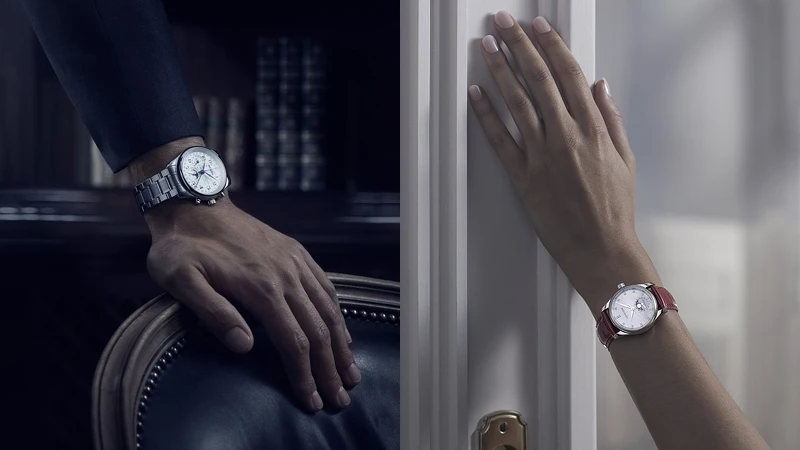 浪琴表Master巨擘系列全日曆月相男士腕錶、浪琴表Master巨擘系列珍珠母貝面盤月相女士腕錶。