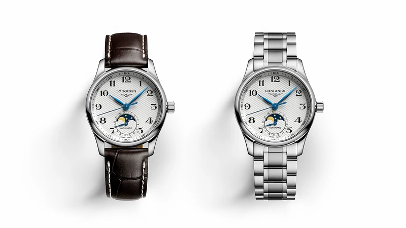 浪琴表 Master 巨擘系列銀色麥粒紋面盤月相女士腕錶、浪琴表 Master 巨擘系列銀色麥粒紋面盤月相女士腕錶。