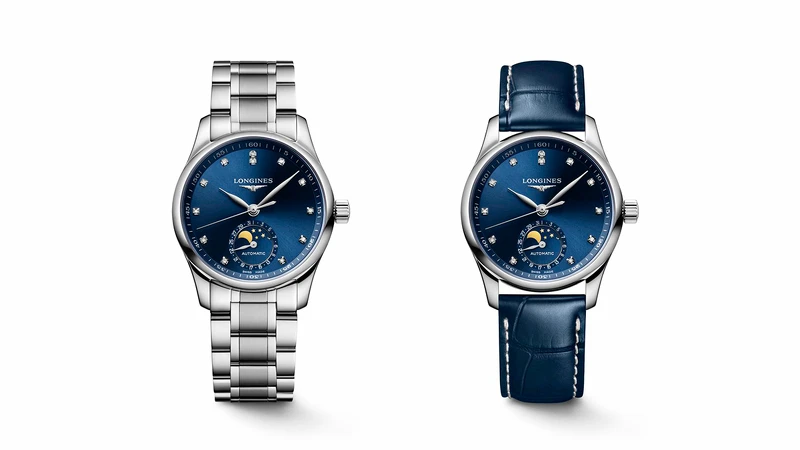 浪琴表 Master 巨擘系列藍色太陽紋面盤月相女士腕錶、浪琴表 Master 巨擘系列藍色太陽紋面盤月相女士腕錶。