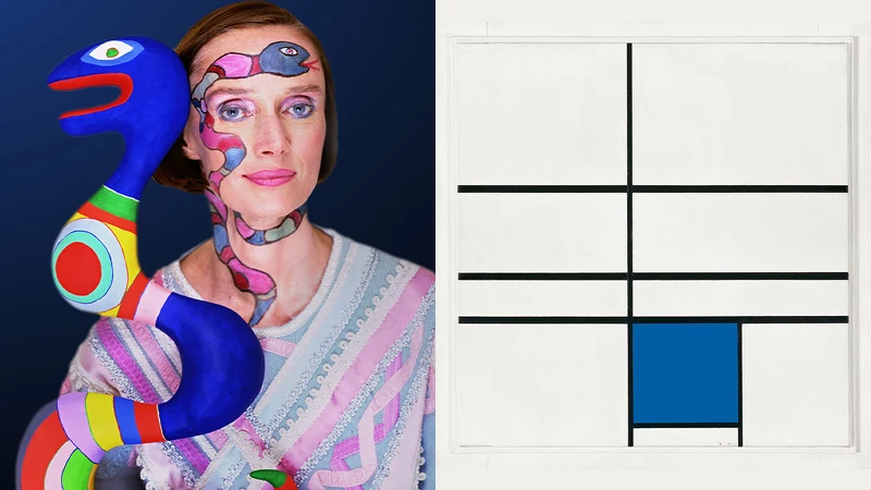 藝術家妮基·桑法勒 (Niki de Saint Phalle) (左) / 藝術大師蒙德里安畫作《雙線與藍色的構成》(右) 藝術家妮基·桑法勒 (Niki de Saint Phalle) (左) / 藝術大師蒙德里安畫作《雙線與藍色的構成》(右)