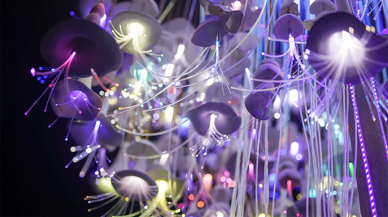 【共生花】由幾百朵造形不同的手捏日本瓷土製成，每一件陶瓷都是獨立塑造，象徵著每個人的獨特性，在這座島嶼上交織與蔓生出多樣性且豐富的文化。地點：衛武營。