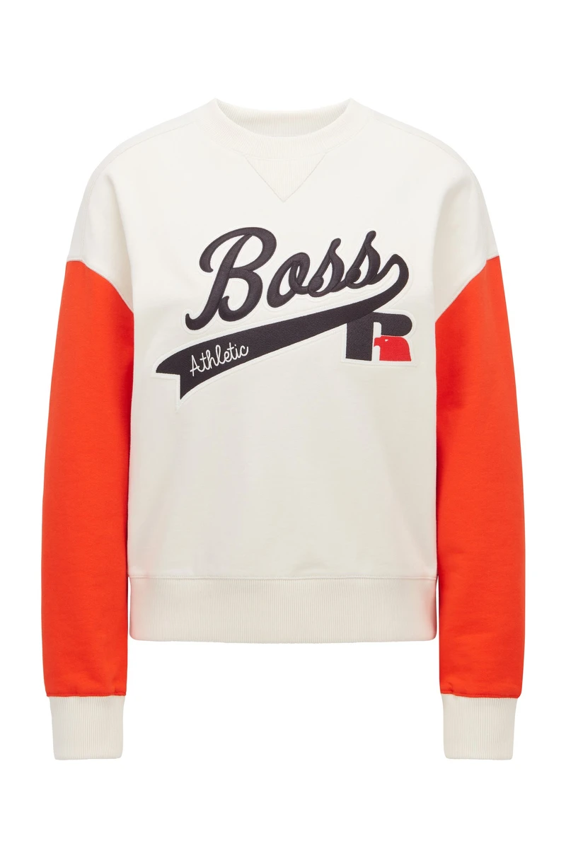 BOSS x Russell Athletic 系列米白鮮橘拼色運動棉衫，NT6,600。