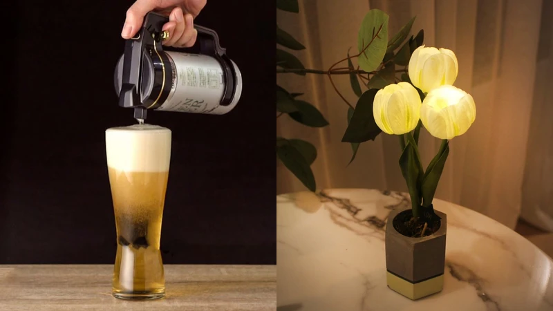 誠品線上｜GREEN HOUSE啤酒金泡機，特價1,161元；Via K Studio鬱金香小盆栽 LED仿真花夜燈，推薦價899元。