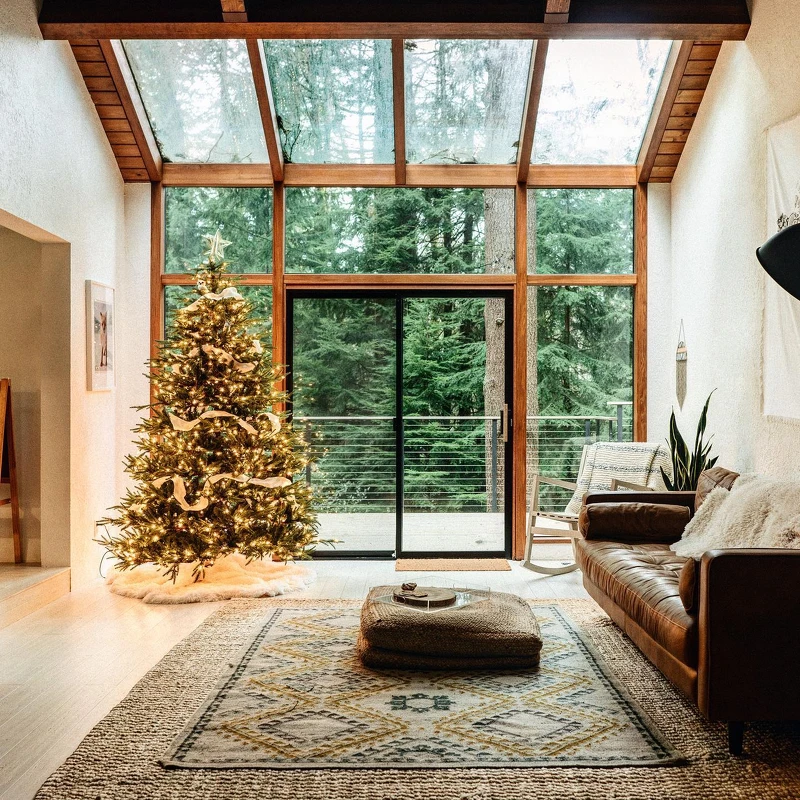 玻璃屋頂與大面玻璃牆面可一覽窗外的森林景致。 玻璃屋頂與大面玻璃牆面可一覽窗外的森林景致。