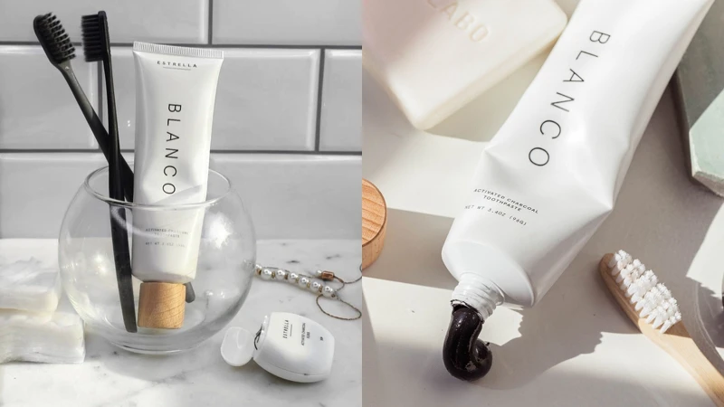 ESTRELLA BLANCO 活性炭亮白精油牙膏，就像口腔潔淨的重置按鈕，能去除污漬並在整個晚上保持清新。96g，NT680。