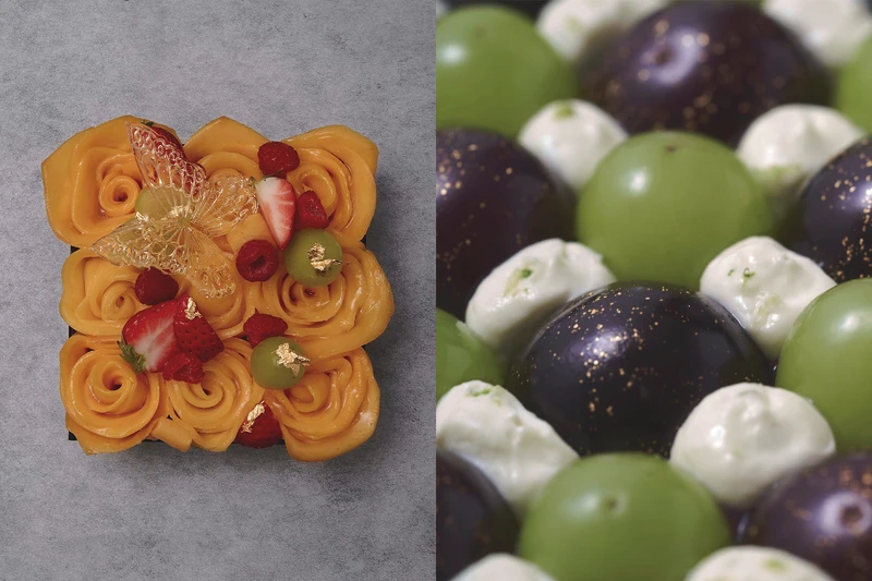 蛋糕由酥脆的餅底（Sablé）、卡仕達奶油、海綿蛋糕、水果組成。