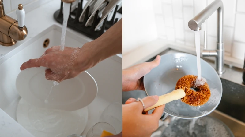 碗盤要從較不油膩的開始清洗,洗到油膩餐盤時先刷掉油污、沖熱水再清潔會更有效率。 碗盤要從較不油膩的開始清洗,洗到油膩餐盤時先刷掉油污、沖熱水再清潔會更有效率。