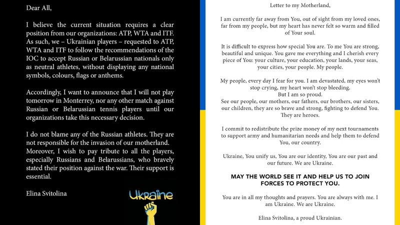 Svitolina的退賽聲明及給烏克蘭的公開信 Svitolina的退賽聲明及給烏克蘭的公開信