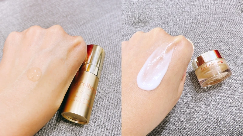 La Colline奢寵金緻密集護理中的(左)重啟精華質地、(右)能量活膚霜質地。 La Colline奢寵金緻密集護理中的(左)重啟精華質地、(右)能量活膚霜質地。