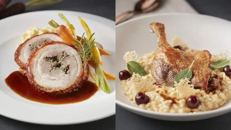 「羅馬式香料烤台灣豬肉捲」、「油封鴨腿陳年帕瑪森乾酪燉飯」 「羅馬式香料烤台灣豬肉捲」、「油封鴨腿陳年帕瑪森乾酪燉飯」