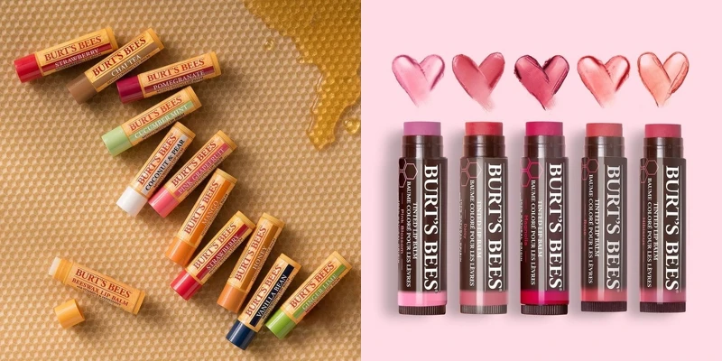 Burt’s Bees(左)蜂蜜護唇膏創造全球平均每秒銷出一支的佳績、春夏季節限定「葡萄柚護唇膏」酸甜滋味彷彿置身海島。(右)塗鴉彩色唇膏主打浪漫玫瑰紅，水潤質地彷彿在唇邊綻放出一朵鮮嫩玫瑰。