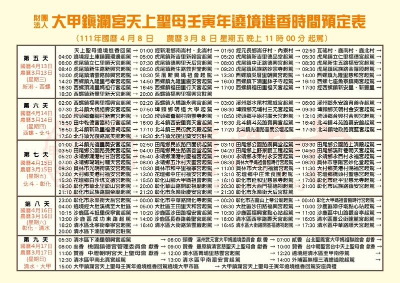 ▲2022大甲媽祖遶境詳細路線行程參考。(圖/翻攝自大甲鎮瀾宮Facebook粉絲專頁) ▲2022大甲媽祖遶境詳細路線行程參考。(圖/翻攝自大甲鎮瀾宮Facebook粉絲專頁)