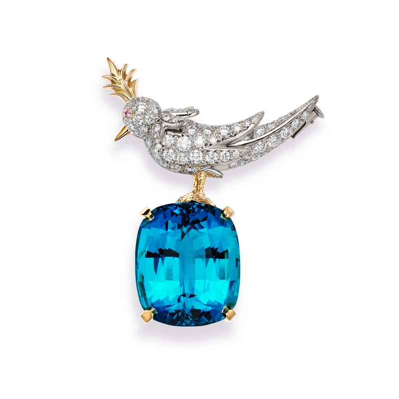 Tiffany & Co. Schlumberger石上鳥設計鉑金與18K金鑲嵌主石逾32.85克拉藍碧璽與鑽石胸針 Tiffany & Co. Schlumberger石上鳥設計鉑金與18K金鑲嵌主石逾32.85克拉藍碧璽與鑽石胸針