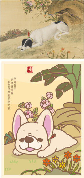 上為清郎世寧畫十駿犬驀空鵲、下為柯基犬椪椪與好朋友-法鬥