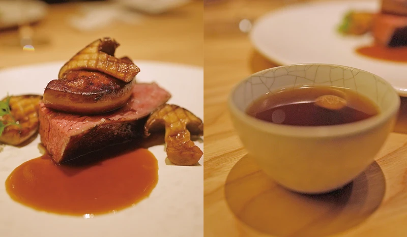 為搭配頂級清酒「N by Hidetoshi Nakata」濃郁華麗的風味，主廚特以安格斯無骨牛小排搭上嫩煎雞肝，豐厚的油脂氣味與「N by Hidetoshi Nakata」展現平衡的味覺感受。