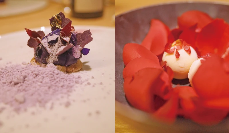 甜點以瓦克達茲的概念重新解構成一朵盛開的紫陽花，美不勝收。