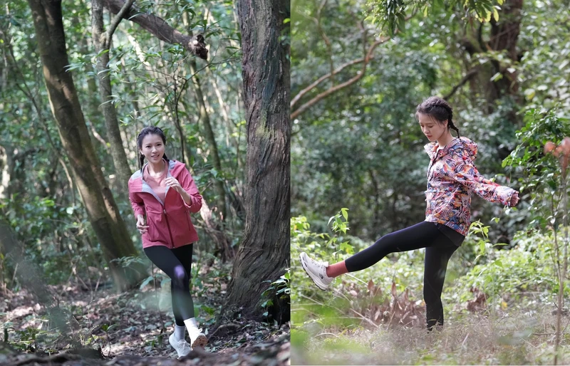 (左圖上身外套:玫瑰粉防水透氣連帽衝鋒衣 售價:6,380元)/ (右圖鞋子:白黑色防水透氣VECTIV中底抓地徒步鞋,售價6,880元) (左圖上身外套:玫瑰粉防水透氣連帽衝鋒衣 售價:6,380元)/ (右圖鞋子:白黑色防水透氣VECTIV中底抓地徒步鞋,售價6,880元)