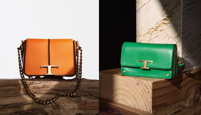 T Timeless橙色皮革鍊包NT73,100、T Timeless亮綠色皮革肩背包NT73,600。