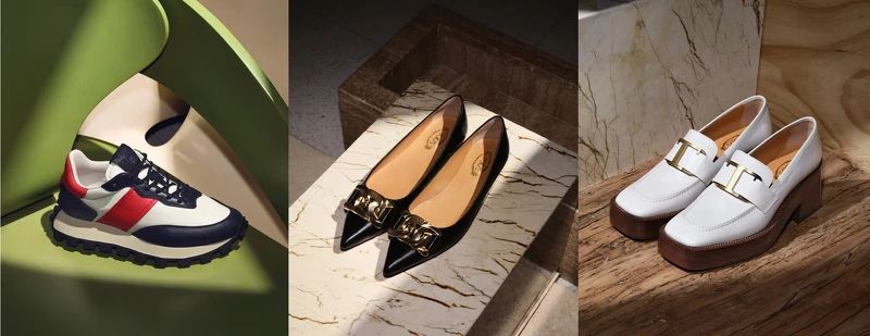 1T 皮革拼接休閒鞋NT26,600、Kate黑色尖頭平底鞋NT26,100、T Timeless乳白色皮革粗跟鞋NT33,100。