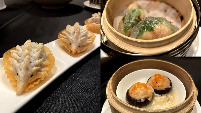 紫薯刺蝟酥、菠菜水晶餃、百花釀鮮菇 紫薯刺蝟酥、菠菜水晶餃、百花釀鮮菇