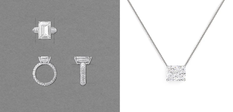  Ellesmere Treasure 祖母綠式切割鑽石高級珠寶戒指(主鑽10.65克拉)設計圖、DB Classic 雷迪恩式切割鑽石高級珠寶吊墜項鍊(主鑽10.88克拉)