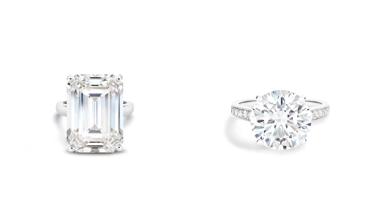 圖左：DB Classic 祖母綠式切割鑽石高級珠寶戒指(主鑽26.07克拉) / 圖右：Old Bond Street 圓形明亮式鑽石高級珠寶戒指(主鑽5.05克拉)
