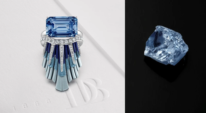 De Beers 特別為「戴比爾斯 庫利南 浩宇之藍」打造的羽冠造型戒指，將贈送予成功競標者。