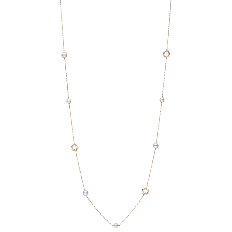 Mikimoto Cherry Blossom系列花形珍珠長墜鍊 18K粉紅金鑲嵌鑽石，搭配日本Akoya珍珠(珍珠直徑約：約6.50-7.75mm)。 參考價格NT$ 142,000