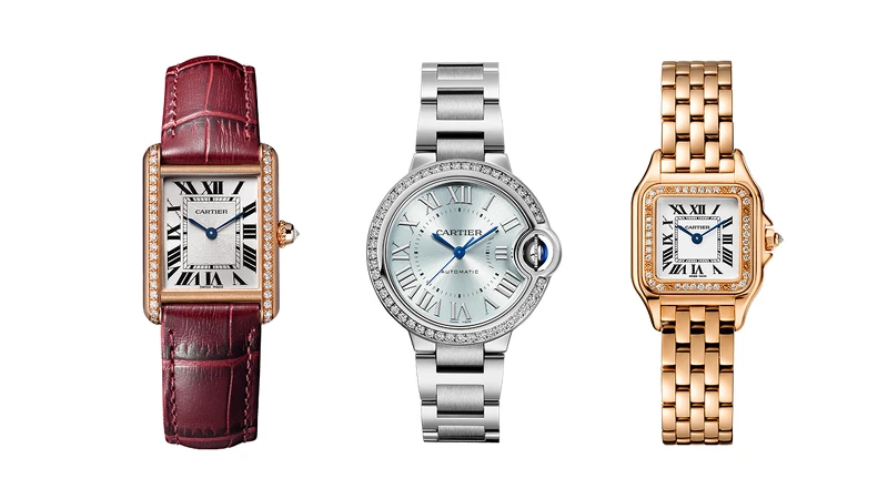 Tank Louis Cartier玫瑰金鑽錶(小型款)、Ballon Bleu de Cartier鑲鑽鋼錶 (33mm)、Panthere de Cartier玫瑰金鑽錶(小型款)