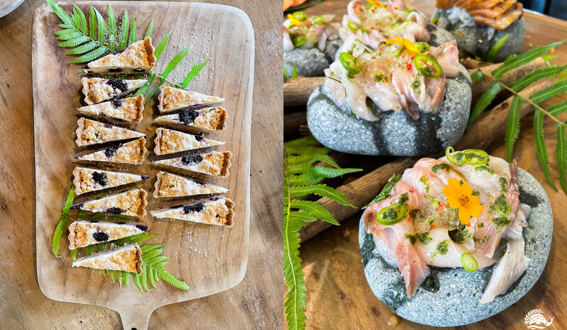 法式椰香野莓派與部落風味生醃午魚。 法式椰香野莓派與部落風味生醃午魚。