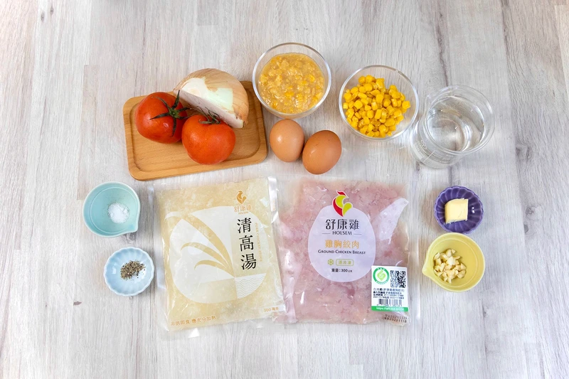 蕃茄雞蓉玉米湯材料。