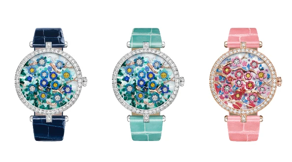 (左&中)Lady Arpels Heures Florales腕錶、(右)Lady Arpels Heures Florales Cerisier腕錶 (左&中)Lady Arpels Heures Florales腕錶、(右)Lady Arpels Heures Florales Cerisier腕錶