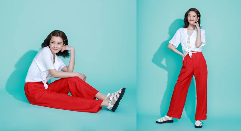 亞麻混紡開領襯衫NT590、好感多色直筒褲(派對紅)NT599,ALL BY GU。 亞麻混紡開領襯衫NT590、好感多色直筒褲(派對紅)NT599,ALL BY GU。