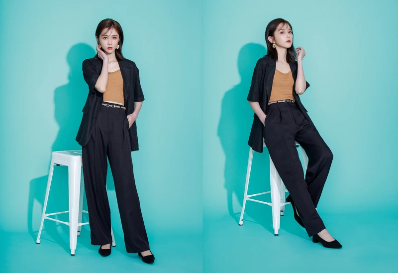 亞麻混紡寬版短袖外套NT990、好感多色直筒褲(知性黑)NT590,ALL BY GU。 亞麻混紡寬版短袖外套NT990、好感多色直筒褲(知性黑)NT590,ALL BY GU。