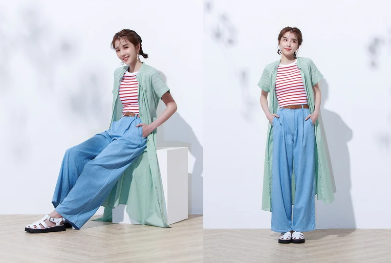 立領襯衫連身裙NT790、棉質條紋迷你T恤NT790、好感牛仔寬褲(淺藍色)NT790,ALL BY GU。 立領襯衫連身裙NT790、棉質條紋迷你T恤NT790、好感牛仔寬褲(淺藍色)NT790,ALL BY GU。