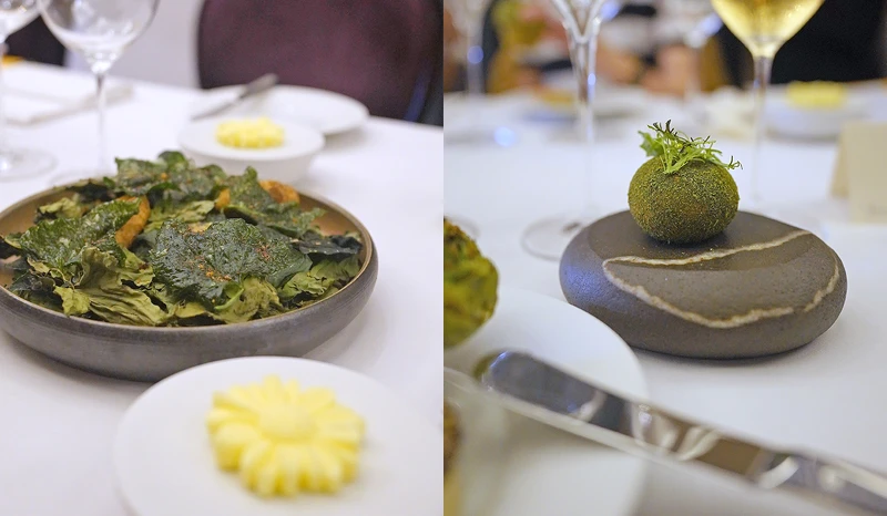 左為酥炸地瓜與地瓜葉，右為填入防風根為醬汁的地瓜球。