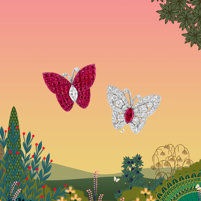 EssorMystérieux耳環,白K金、玫瑰金,buff-topped 傳統隱密式鑲嵌拱面式切割紅寶石、紅寶石與鑽石。 EssorMystérieux耳環,白K金、玫瑰金,buff-topped 傳統隱密式鑲嵌拱面式切割紅寶石、紅寶石與鑽石。