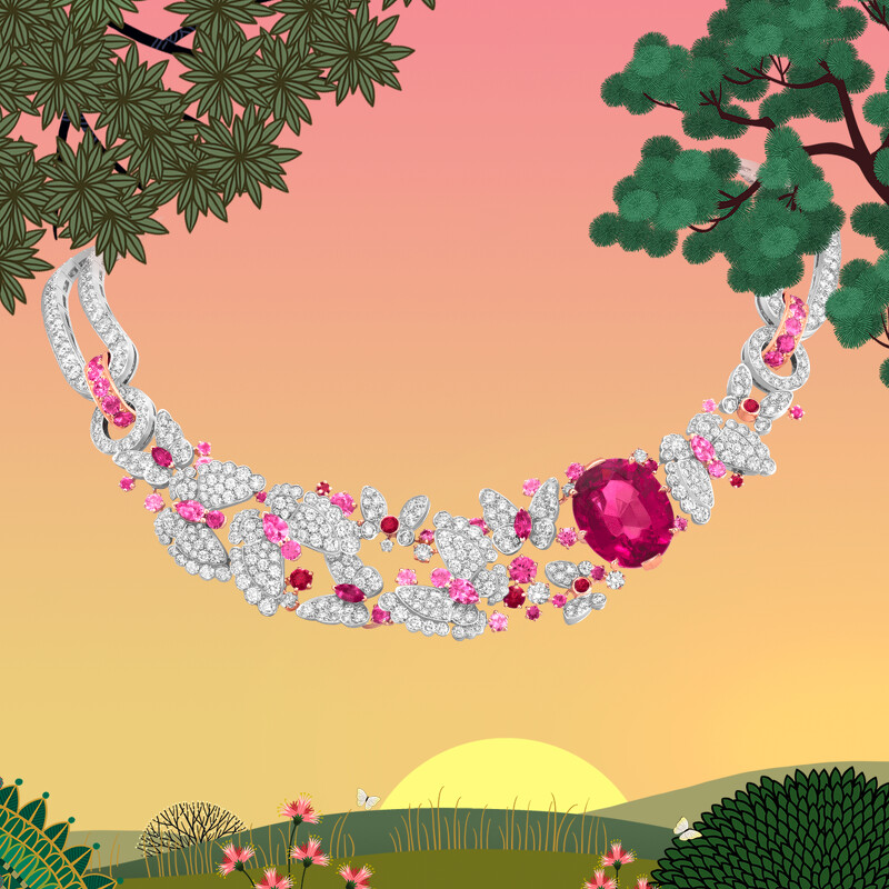 Jardin des papillons項鍊,白K金,玫瑰金,鑲嵌1顆橢圓形切割紅碧璽(重約21.84克拉)、圓形、梨形及馬眼形切割粉紅藍寶石、圓形切割紅寶石及鑽石。 Jardin des papillons項鍊,白K金,玫瑰金,鑲嵌1顆橢圓形切割紅碧璽(重約21.84克拉)、圓形、梨形及馬眼形切割粉紅藍寶石、圓形切割紅寶石及鑽石。