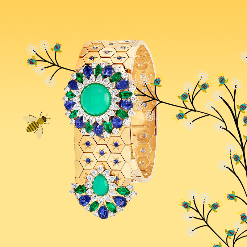 Ludo Secret 神秘腕錶,黃K金、藍寶石、祖母綠、綠玉髓、白色珍珠母貝、鑽石,搭配石英機芯。 Ludo Secret 神秘腕錶,黃K金、藍寶石、祖母綠、綠玉髓、白色珍珠母貝、鑽石,搭配石英機芯。