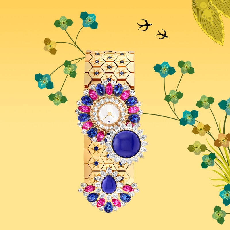 Ludo Secret 神秘腕錶,黃K金,藍寶石、粉紅藍寶石、青金石、白色珍珠母貝、鑽石,搭配石英機芯。 Ludo Secret 神秘腕錶,黃K金,藍寶石、粉紅藍寶石、青金石、白色珍珠母貝、鑽石,搭配石英機芯。