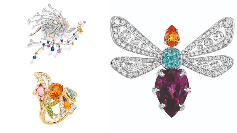 (左上) Parade 18K白金和18K玫瑰金胸針；(左下)Éclosion de Chaumet 18K黃金戒指；(右) Abeille 18K白金胸針