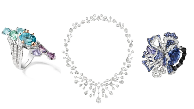 (左)Passages 18K白金及玫瑰金戒指；(中)Joséphine Aigrette Impériale 18K白金項鏈；(右)Esquisse de Chaumet 花毛茛形18K白金戒指