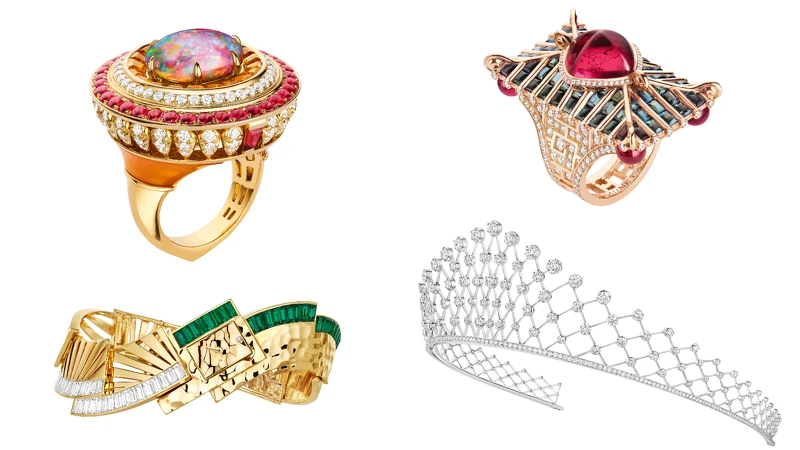 (左上) Lux 18K黃金戒指；(左下) Skyline 18K黃金腕錶；(右上) Lady Wei 18K玫瑰金戒指；(右下) Dentelle de Lumière 18k白金冠冕