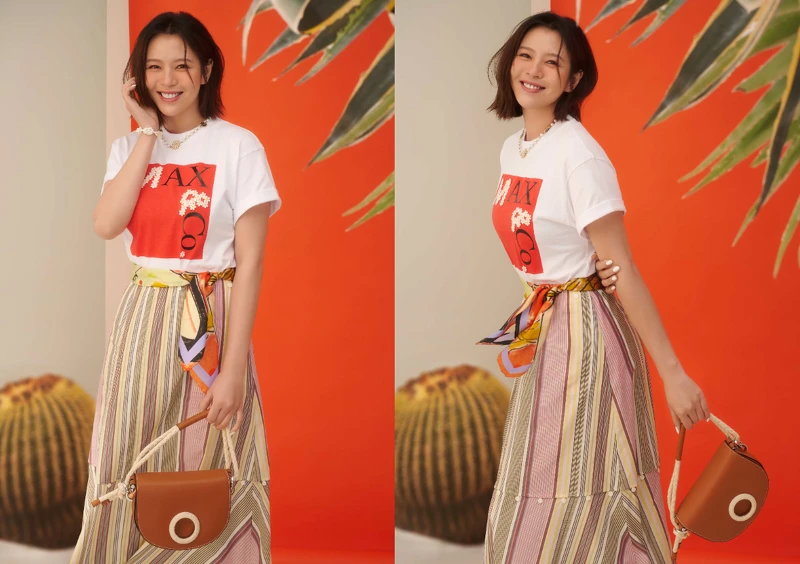 雛菊貼花方型LOGO TEE NT7,900、彩條三截式長版洋裝NT18,600、手繪小方巾NT4,900、麻花繩結半月提包NT10,300。 雛菊貼花方型LOGO TEE NT7,900、彩條三截式長版洋裝NT18,600、手繪小方巾NT4,900、麻花繩結半月提包NT10,300。
