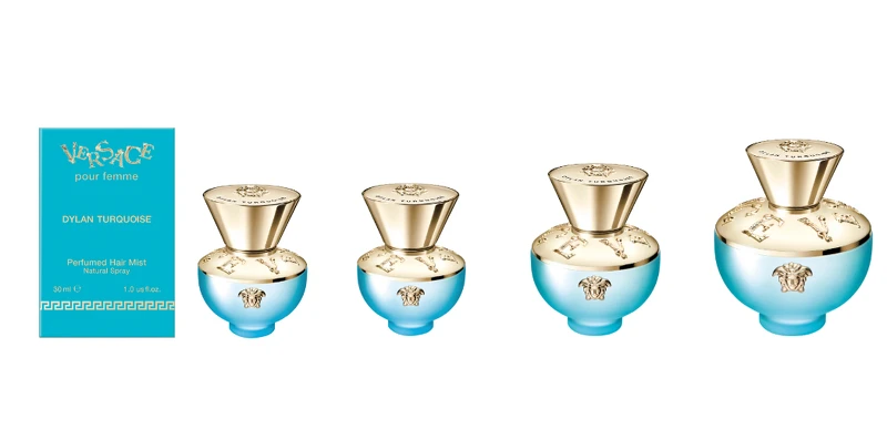 由左至右：VERSACE狄倫淡藍女性髮香噴霧30ml，狄倫淡藍女性淡香水 30ml 50ml 100ml