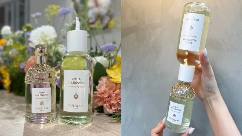 嬌蘭花草水語淡香水與補充瓶,以及補充瓶使用示範。 嬌蘭花草水語淡香水與補充瓶,以及補充瓶使用示範。