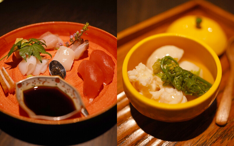 左為波光,為生魚片拼盤,右為越境,以鱘龍魚搭配伊勢龍蝦,淋上以鱘龍魚熬製的醬汁。 左為波光,為生魚片拼盤,右為越境,以鱘龍魚搭配伊勢龍蝦,淋上以鱘龍魚熬製的醬汁。
