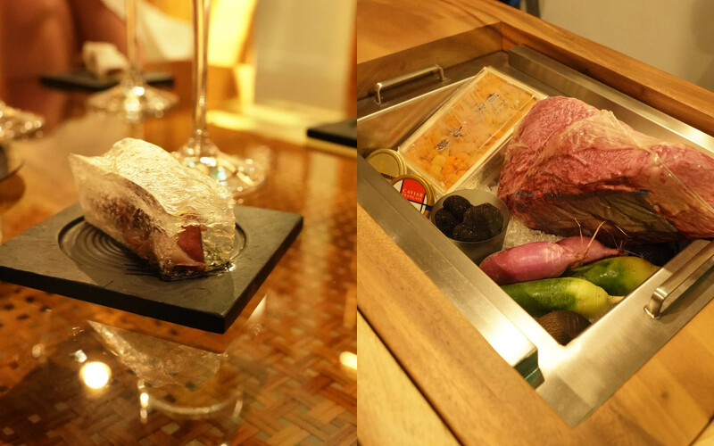 (左)包裹螢烏賊的透明麵包;(右)展示當晚使用的食材。 (左)包裹螢烏賊的透明麵包;(右)展示當晚使用的食材。